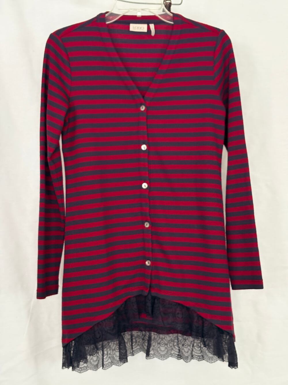 LOGO Lori Goldstein Striped Lace Trim Longline Cardigan – Size S EUC